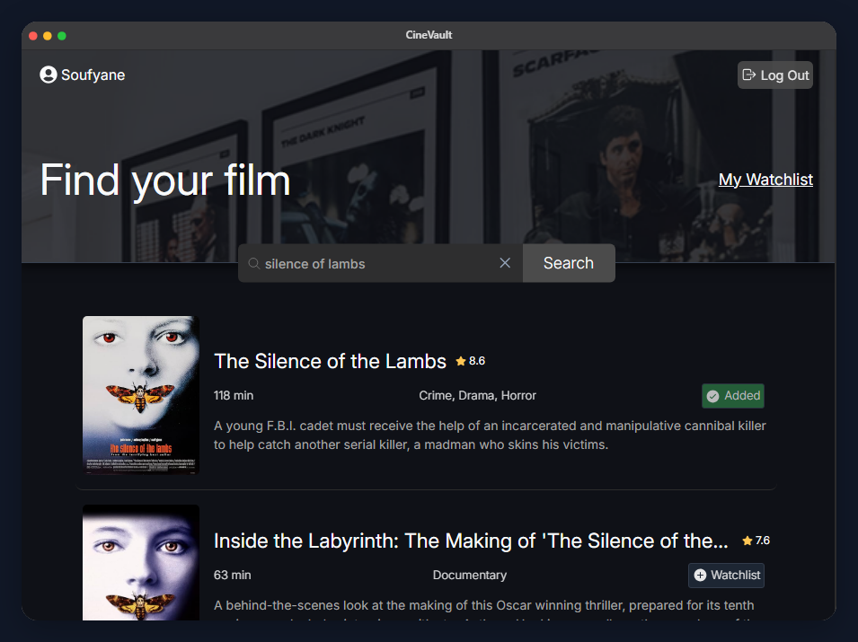A screenshot of CineVault app
