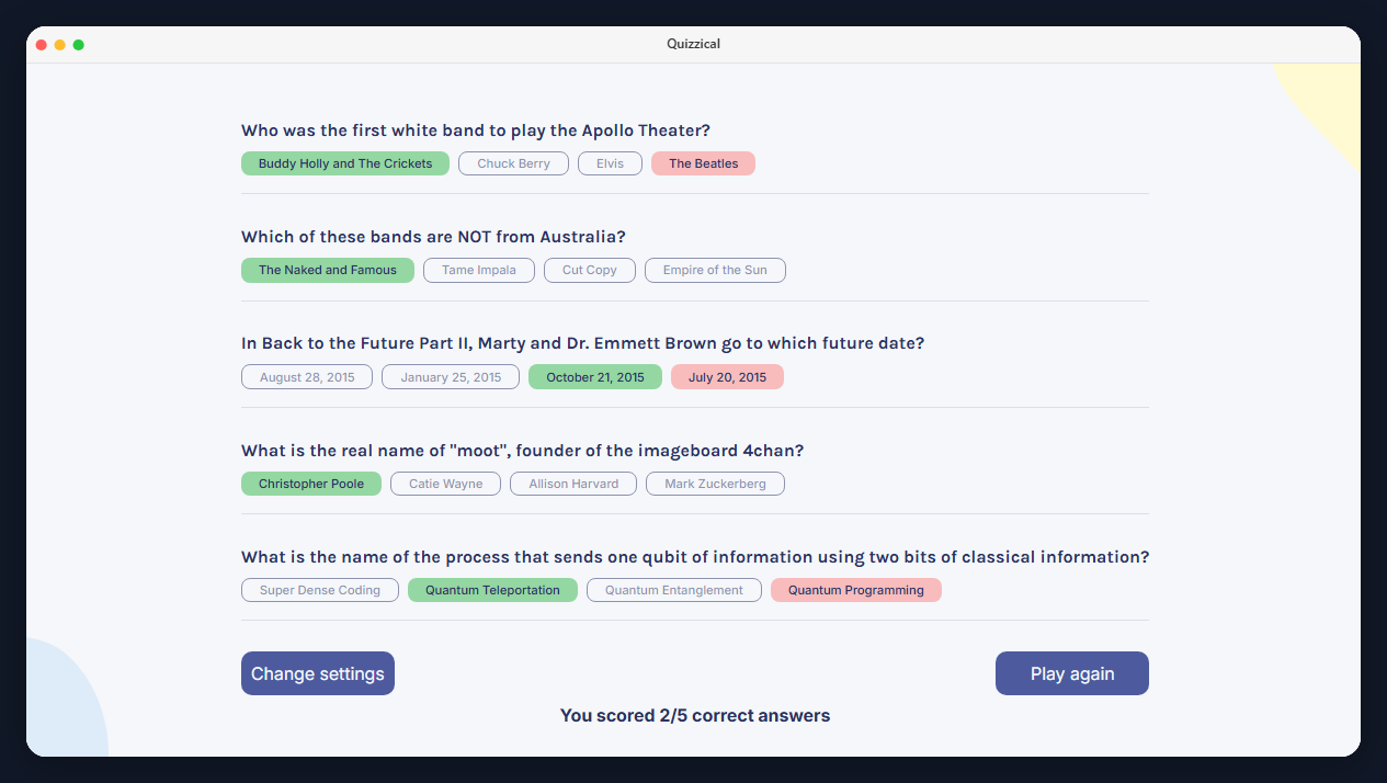 A screenshot of Quizzical app